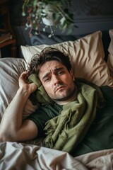 Obraz premium A Man suffering from insomnia in bed at home