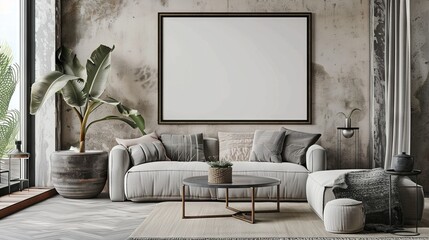 mock up poster frame in modern interior background, living room, Contemporary style, 3D render, 3D illustration 