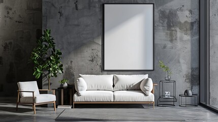 mock up poster frame in modern interior background, living room, Contemporary style, 3D render, 3D illustration 