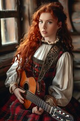 Obraz premium A Woman in scottish clothing with guitar