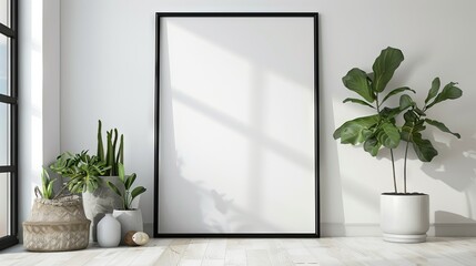Mockup black poster frame and accessories decor in cozy white interior background 