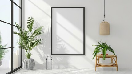 Mockup black poster frame and accessories decor in cozy white interior background 