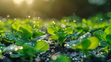 Drip irrigation system in a lush garden