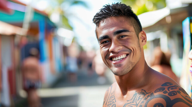 Smiling Maori Man with Traditional Tattoos