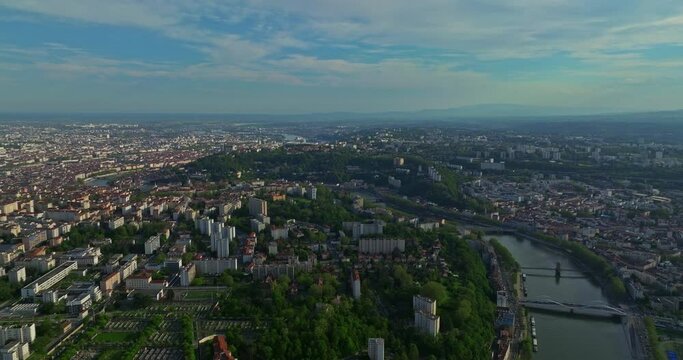 Aerial view of suburb of the French city of Lyon view of the river. France 