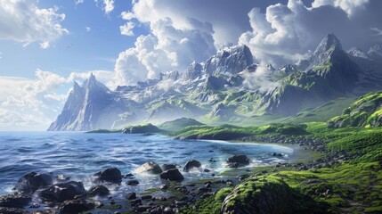 Fototapeta premium Coastal Scenery with Peaks Seaside Hills Scenic View Backgrounds