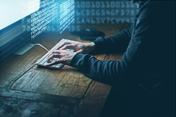 Hands, cyber security and hacker, computer and online cybercrime. Data protection, digital and...