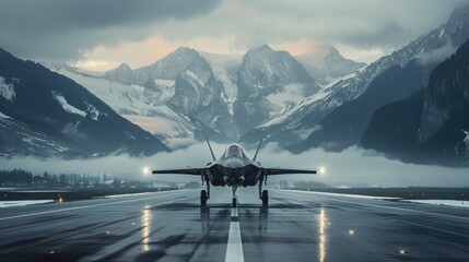 Striking Image of a Fighter Jet Landing on a Swiss Highway Framed by Beautiful mountain. © Dusit
