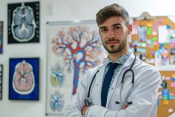 A Young male doctor neurologist in front of whiteboard