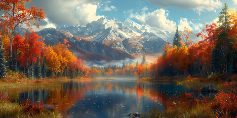 Naklejka premium Autumn's Majesty: A Tranquil Mountain Oasis