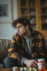Obraz premium A Young man sitting on the sofa with pills and prescript