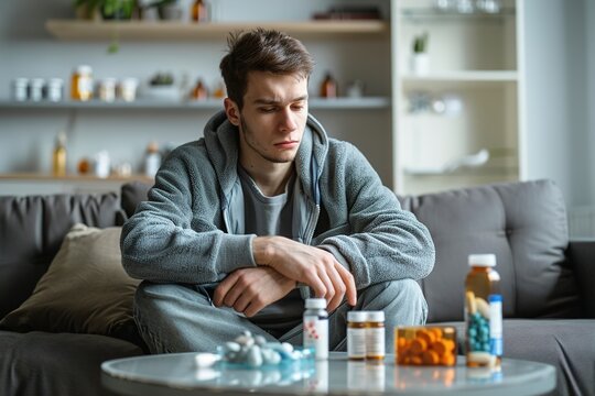 A Young man sitting on the sofa with pills and prescript
