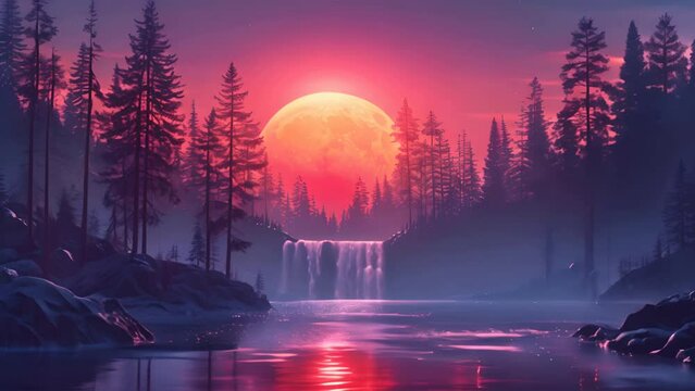 a beautiful landscape, waterfal and trees, sunset colors, vectorial illustration generative ai