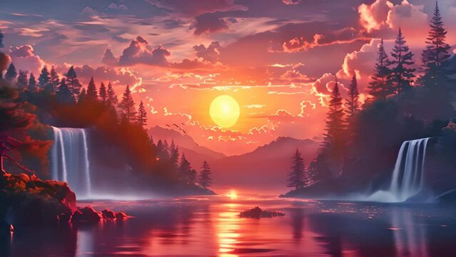 a beautiful landscape, waterfal and trees, sunset colors, vectorial illustration generative ai