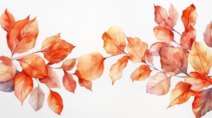 terracota colour, watercolour autumn leaves, white background