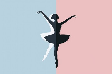 Fototapeta premium Abstract silhouette of a graceful ballerina in a split background, showcasing elegance and balance in a contrasting color scheme.