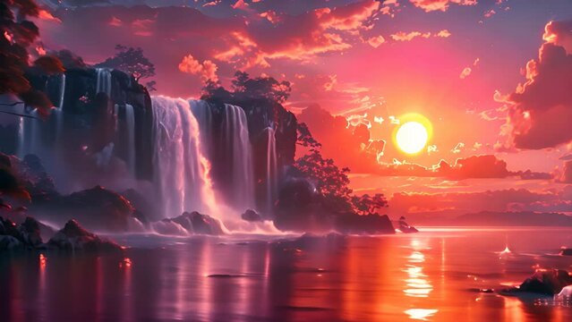 a beautiful landscape, waterfal and trees, sunset colors, vectorial illustration generative ai