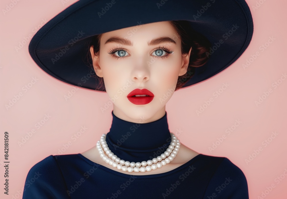 Wall mural a beautiful woman wearing a hat and pearls