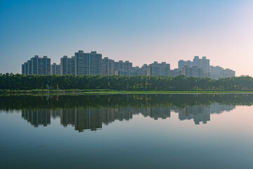 Naklejka premium Rivers, bridges, and skylines in urban parks