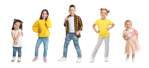 Group of different adorable children on white background