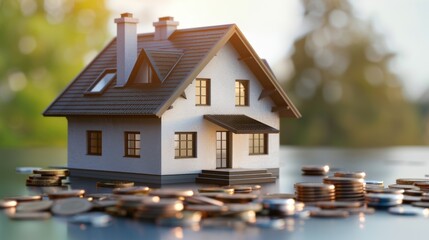 Small model house with coins, buy and sell house