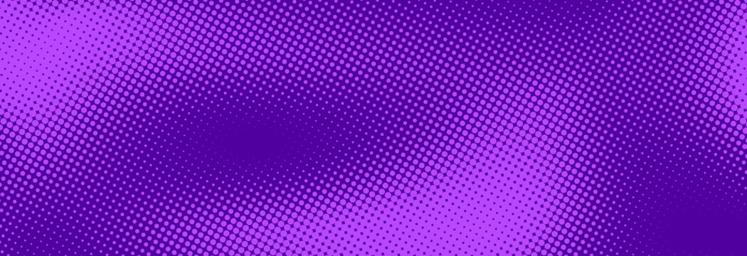 Purple halftone pattern. Retro comic gradient background. Violet pixelated dotted texture overlay. Cartoon pop art faded gradient pattern. Vector backdrop for poster, banner, advertisement