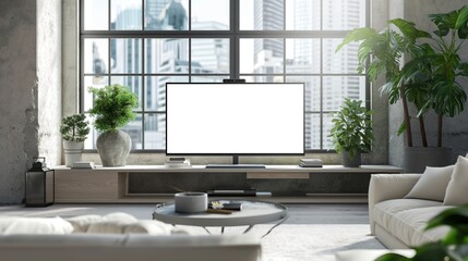 Fototapeta premium Mockup up modern TV in front of window high-rise apartment, AI-generative