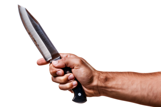 Male hand holding knife, isolated on transparent background