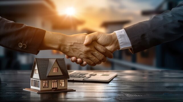 An estate agent shaking hands with a buyer after a successful deal