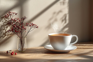 Cozy Morning Moment: Steaming Mug on Minimalist Canvas