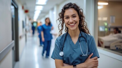 A happy medical woman nurse stands in hospital