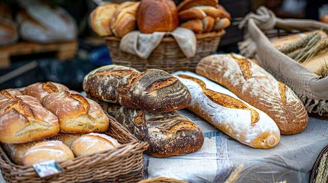 Artisan fresh bread on table displayed for sall on vendors stall . Generative Ai