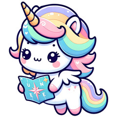 Cute cartoon unicorn. Kawaii style. Bright colors. Clip-arts for decoration. PNG cliparts and stickers transparent background