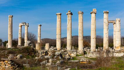 Fototapeta premium Remained architectural constructions on ruins of ancient Temple of Aphrodite in Aphrodisias in historic Caria cultural region, Turkey