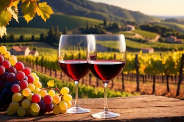 Glasses of wine with vineyard background, rustic luxury vacation break
