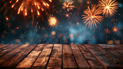 An empty wooden plank table with festive fireworks in the sky, celebrating a day of independence. Perfect for holiday party decorations.