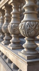 Stone balusters with intricate carvings in sunlight, architectural detail