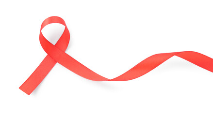 Red awareness ribbon isolated on white, top view