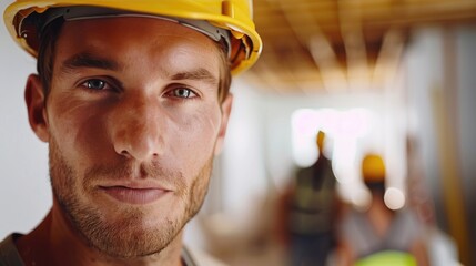A handsome male house worker wearing the classic yellow hard hat, exuding professionalism and confidence