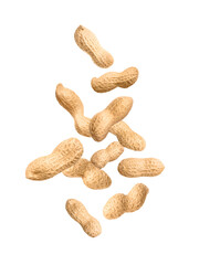 Unpeeled peanuts in air on white background