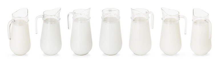 Fresh milk in jug isolated on white, set