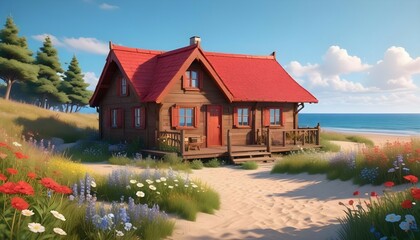picturesque wooden cottage with a red-tiled roof, situated on a beach surrounded by wildflowers and tall grasses, with a backdrop of a bright blue sky and gentle waves.