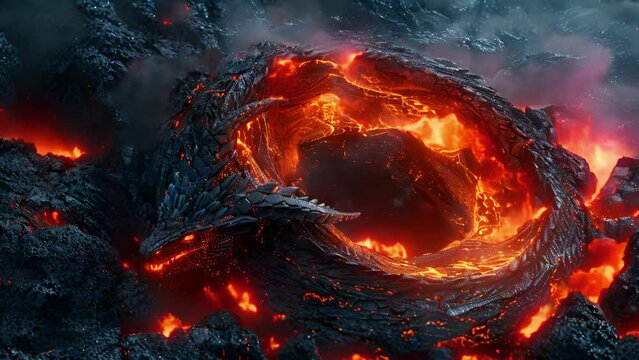 In the heart of a smoldering volcano a dragons nest rests upon a molten rock formation. The fossilized eggs within glow with an otherworldly heat despite being solidified in time.