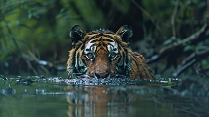 Fototapeta premium A tiger is running through a river, splashing water everywhere