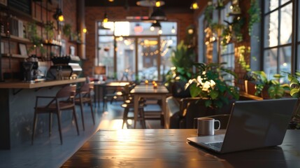 Cozy modern cafe with warm lighting, plants, and wooden furniture. Sunlight streams through the large windows, creating a welcoming atmosphere.