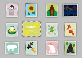 かわいい夏の切手風イラストセット背景グレー