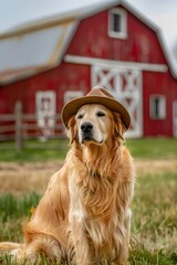 Cute golden retriever dog wearing farmer hat in front of red barn. Family farm with pet. Funny animal and best friend concept. Background for design banner, poster, card with copy space