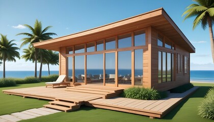 A modern wooden house on a quiet beach, featuring large windows that reflect the blue sky and the calm ocean, with a lush green lawn leading up to the front door.