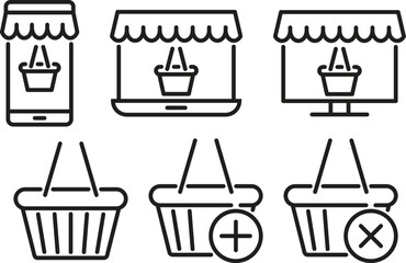 Online shopping icon set of Simple Shopping Cart Related Vector Line Icons. Contains Icons such as Express Checkout, Mobile Store and Add. Collection of ecommerce line icons. Vector illustration.
