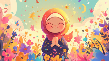 Beautiful woman wearing a hijab in the middle of a flowering garden
